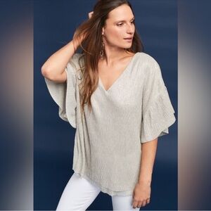 Anthropologie Vanessa Virginia metallic silver v neck flutter sleeve top